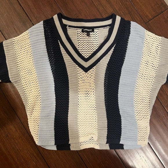 Express Woman’s Varsity V-Neck Sweater. White and blue. Size small. - Picture 4 of 6